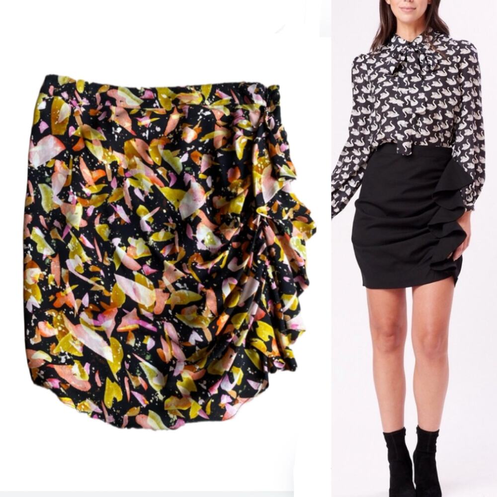 NWOT Marie Oliver 100% Silk Floral Print Ruffle Mini Skirt Size 0